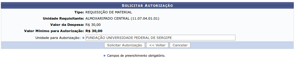 Se o material solicitado for material de consumo, antes de exibir a tela de confirmação a seguinte tela será exibida, sendo necessário solicitar Autorização Orçamentária para aquisição dos itens