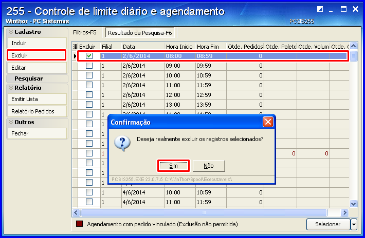 3.3.2 Selecione a Filial; 3.3.3 Informe o Período de Entrega e o Intervalo de entrega que deseja pesquisar; 3.3.4 Informe os Pedidos Pendentes, caso necessário 3.3.5 Clique no botão Pesquisar; 3.3.6 Na aba Resultado da Pesquisa-F6 será aberta, marque a coluna Excluir do agendamento que deseja e clique no botão ou Excluir.