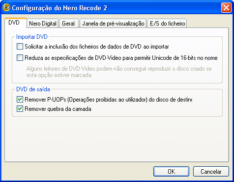 2.5.6 Configurar o Nero Recode 2 Clicar na área de 'Configurar' abrirá o menu de configuração do Nero Recode 2 exibindo vários separadores que determinam o modo de procedimento do programa.