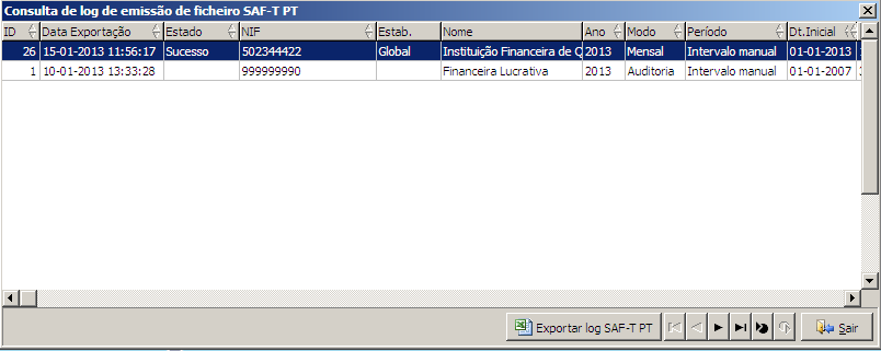 Decisões do utilizador (botões) Intervalo de facturação já exportado Consultar histórico de emissão de SAFT-T PT Informação ao utilizador de qual o intervalo de datas já exportado em ficheiro SAF-T