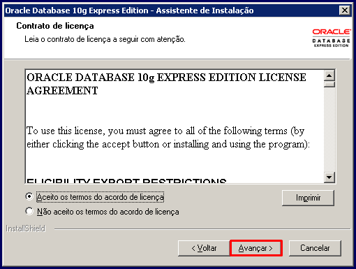 3) Leia o contrato de licença e clique o botão Avançar; Todos os