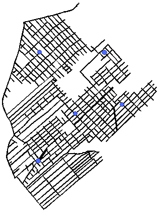 pontos muito próximos (777-877). Já na Figura 6, utilizando as menores distâncias entre os pontos, as 5-medianas ficaram mais espaçadas, ou seja, ficaram mais bem distribuídas.