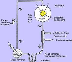 aparelho em que simularam as condições supostas para a Terra primitiva. Com sucesso, obtiveram resultados que confirmaram a hipótese de Oparin.