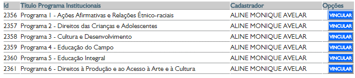 COMO VINCULAR ATIVIDADES Digite o TÍTULO do Programa Institucional ao qual deseja vincular sua atividade e depois clique em PESQUISAR.