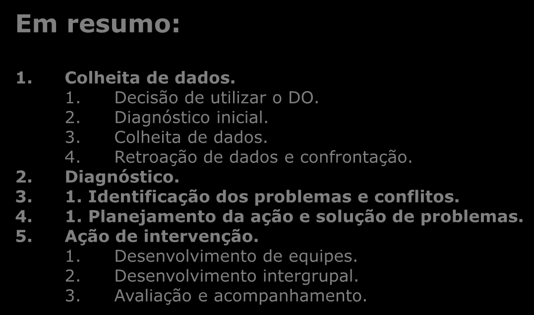 Processo de DO As oito etapas segundo Kotter: 1. Decisão da direção da empresa de utilizar o DO. 2. Diagnóstico inicial. 3. Colheita de dados. 4. Retroação de dados e confrontação. 5.