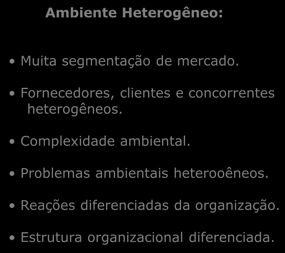 Quadro 18.4. Continuum homogeneidadeheterogeneidade ambiental Ambiente Homogêneo: Ambiente Heterogêneo: Pouca segmentação de mercado. Fornecedores, clientes e concorrentes homogêneos.