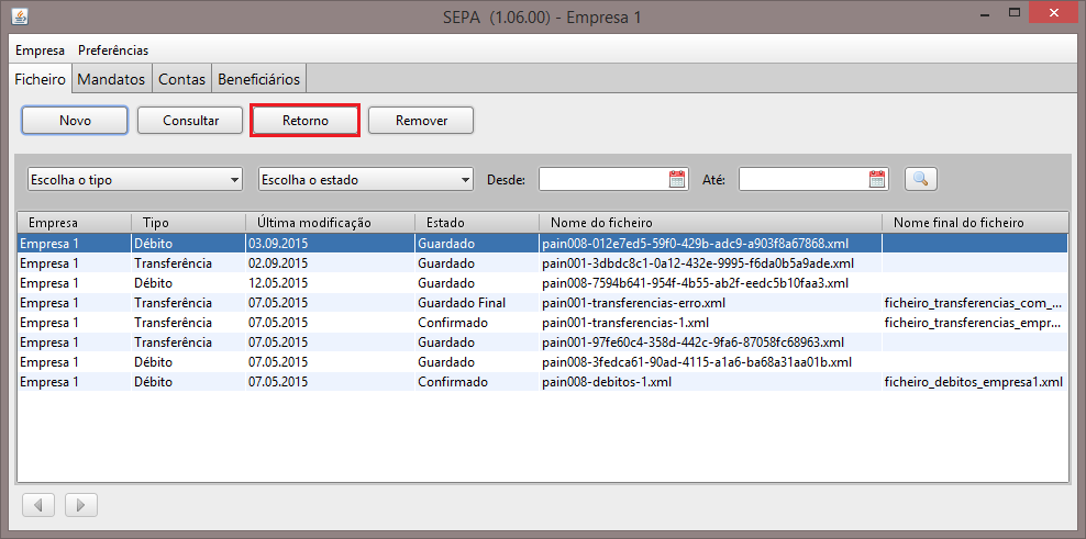 7.6 Importação do ficheiro de retorno Confirmar um ficheiro implica abrir (através do botão Retorno ) com a aplicação o ficheiro de resposta do banco ao ficheiro de débitos ou de transações enviado.
