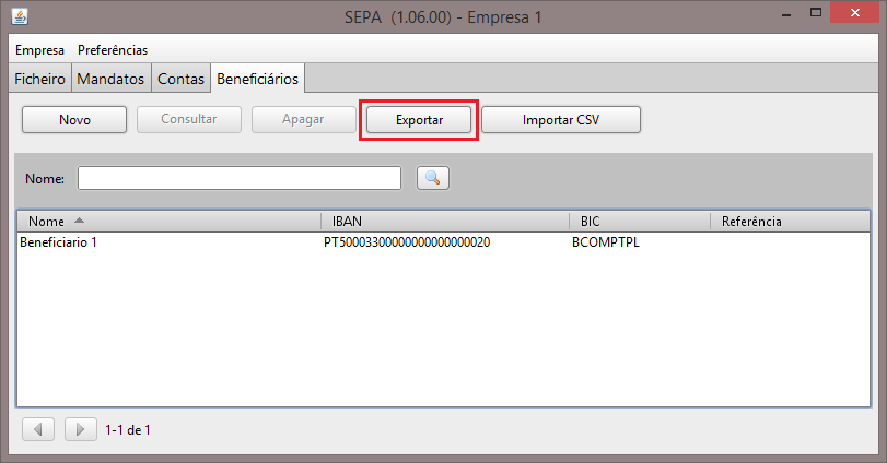 5.6 Exportar beneficiários Para exportar beneficiários, deverá aceder à secção de beneficiários e clicar no botão Exportar.