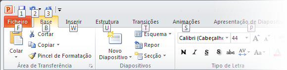 Introdução às Informações de Teclas de Atalho O PowerPoint 2010 fornece atalhos para o friso, designados por Informações de Teclas de Atalho, de modo a poder executar rapidamente tarefas sem utilizar