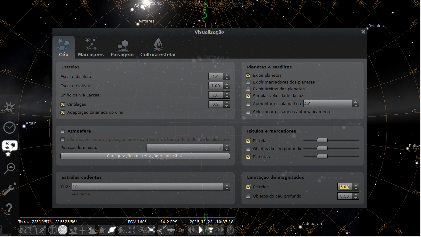 Utilizando a janela de opção do céu e de visualização, no campo limitação de magnitude marque o campo estrelas e ajuste para 5, este valor representa a magnitude limite dos objetos a serem observados.