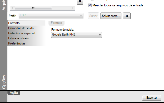 Exportar os Feições GIS Para configurar a exportação de feições GIS: Selecione a Pasta de saída (não disponível em Configurar o exportação de lote, a pasta de saída está configurado em a janela