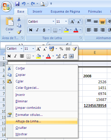 O mesmo processo pode ser feito para as linhas. Neste caso, ao posicionar o cursor na base da linha 6, estamos a mudar a medida de altura dessa linha.