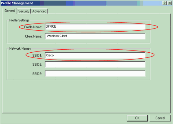 Os indicadores (gerais) do indicador do Gerenciamento do perfil. c. Termine estas etapas a fim ajustar o nome de perfil, o nome do cliente, e o SSID: a.