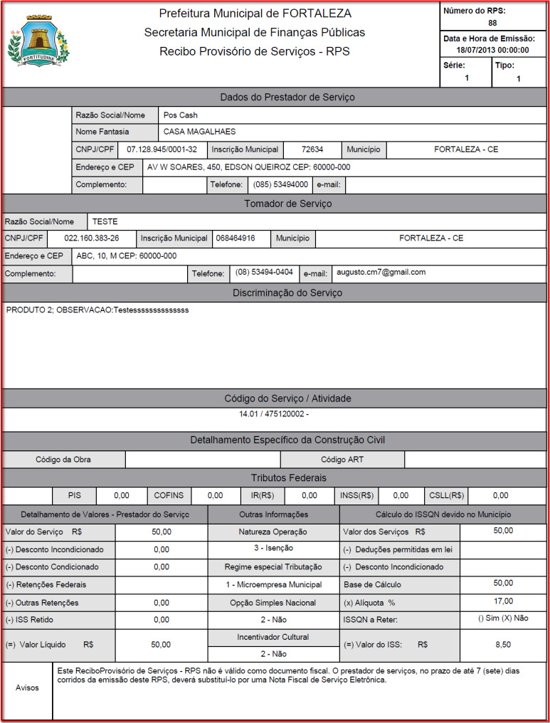 Campos da figura nota fiscal de serviços- aba itens: Código: Descrição: Quantidade: Código do serviço participante da NFS-e. Descrição completa do produto. Quantidade de serviços.