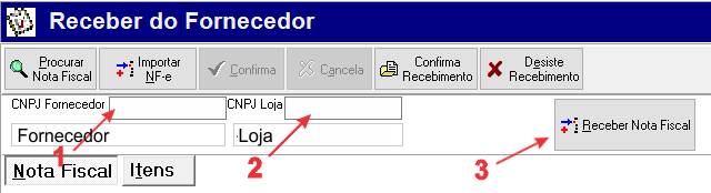 b) Se o Pedido foi feito manualmente, na tela RECEBER DO FORNECEDOR informe o CNPJ do fornecedor (1) que consta na NF-e, indique o CNPJ da loja que recebeu a nota caso tenha mais de uma loja (2) e