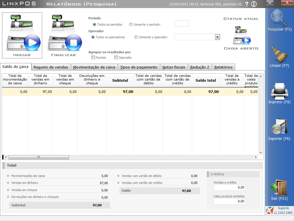 1. Na tela de opções para gerenciamento do caixa, área superior direita, é possível configurar as opções de filtros disponíveis: o Período Todos os períodos: esta opção apresenta, nas abas de