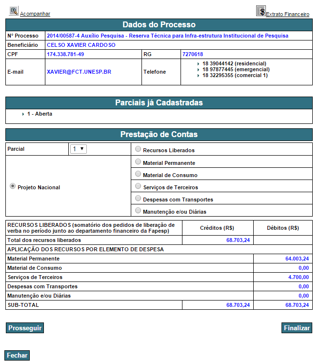 Selecionar a parcial da Prestação de Contas, Selecionar o Tipo de Despesa(Material permanente, Material