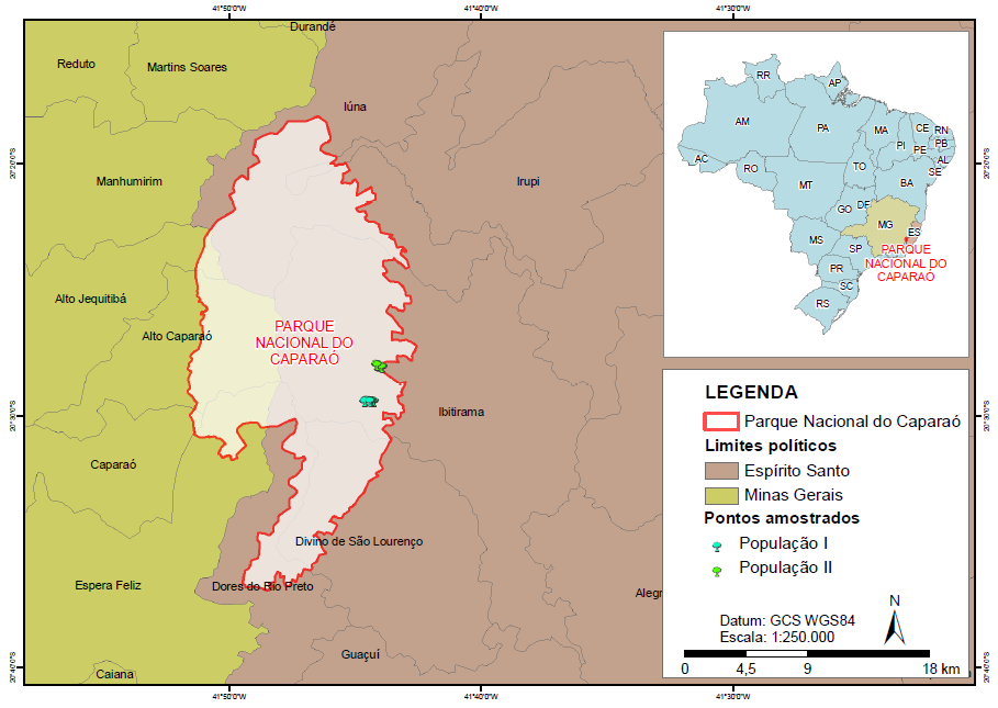 175 Figura 1 - Localização do Parque Nacional do Caparaó (a). Localização das populações dentro do Parque.