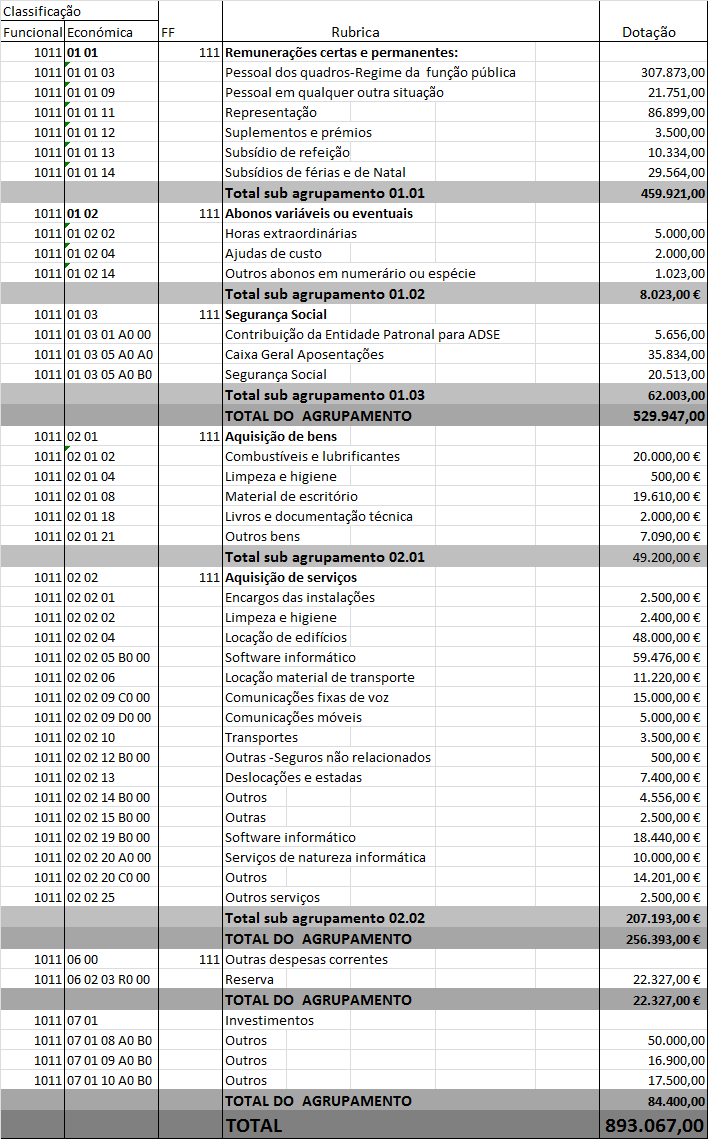 Orçamento, por classificação