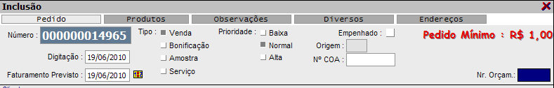 Inclusão e inicio do PEDIDO DE VENDAS Clique em no menu, ou aperte Ctrl + I. Esta tela é a que usaremos para incluir um novo pedido.