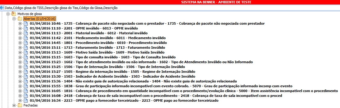 Motivos de Glosas 1- As novas glosas criadas em função do TISS devem ser ativadas/parametrizadas na base.