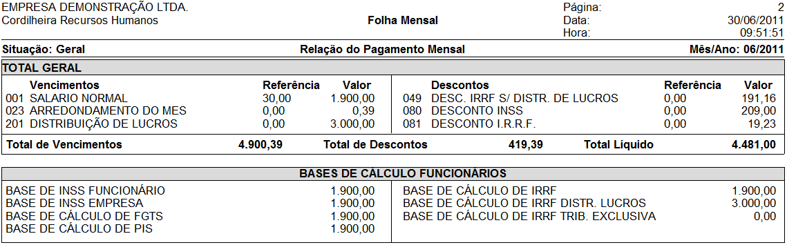 EMISSÃO DO RELATÓRIO DA FOLHA MENSAL Em Relatórios\ Mensais\ Folha Mensal, utilizar o quadro Opções para geração de eventos, com as mesmas características da emissão do holerith.