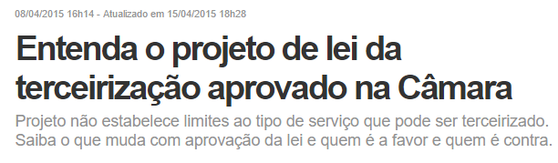 TERCEIRIZAÇÃO A Câmara dos Deputados aprovou nesta quarta-feira (8) o projeto de lei 4330/2004, que regulamenta contratos de terceirização no mercado de trabalho.