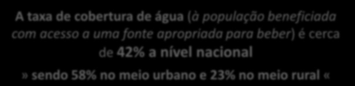 Em 2017 será de 21 833 318 habitantes A taxa de cobertura de água (à população beneficiada com acesso a uma fonte apropriada para beber) é cerca de 42% a nível nacional» sendo 58% no