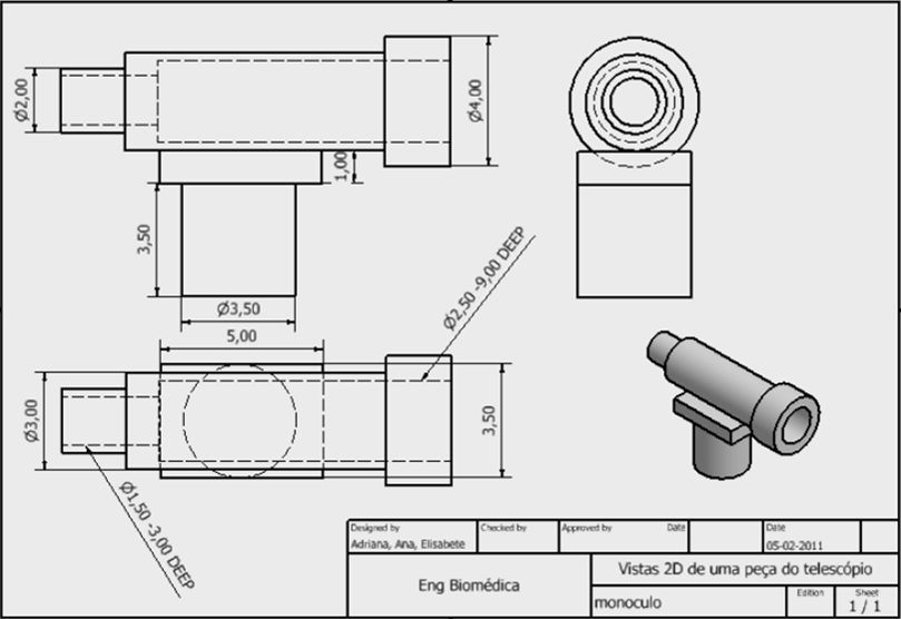 Ainda nesta figura está representado um modelo computacional em sólidos do conjunto montado, a partir do qual se podem realizar estudos complementares e obter desenhos técnicos em multivistas.