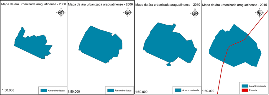 Figura 20 - Comparação das áreas da área urbanizada obtidas em 2000, 2006, 2010 e 2015. Fonte: Maranha, R. G. (2016); Adaptado de Maranha (2015).