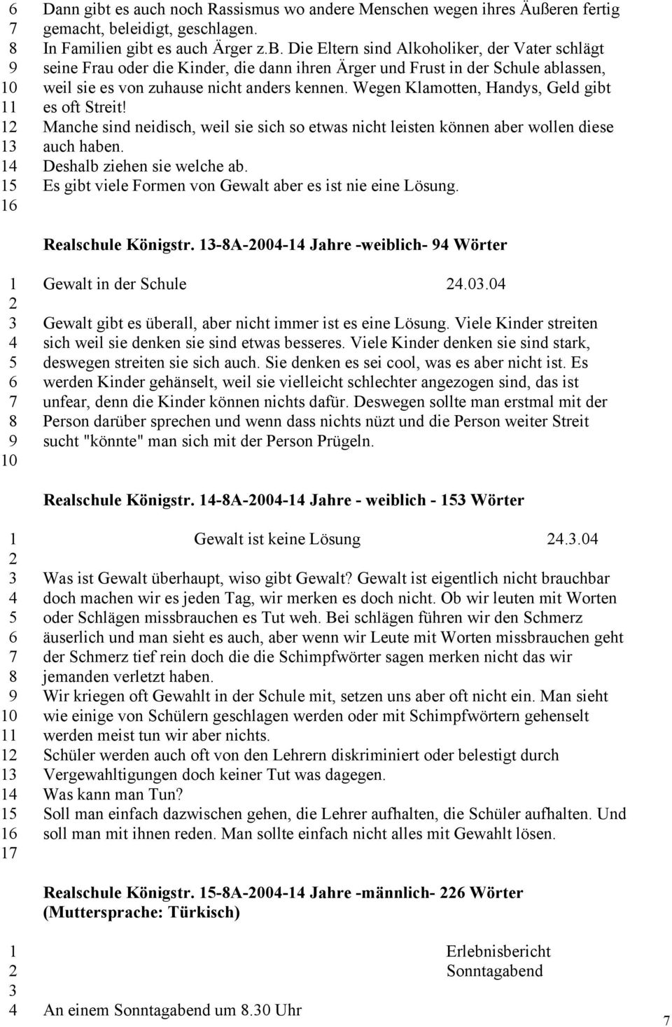 Es gibt viele Formen von Gewalt aber es ist nie eine Lösung. Realschule Königstr. -A-00- Jahre -weiblich- Wörter 0 Gewalt in der Schule.0.0 Gewalt gibt es überall, aber nicht immer ist es eine Lösung.