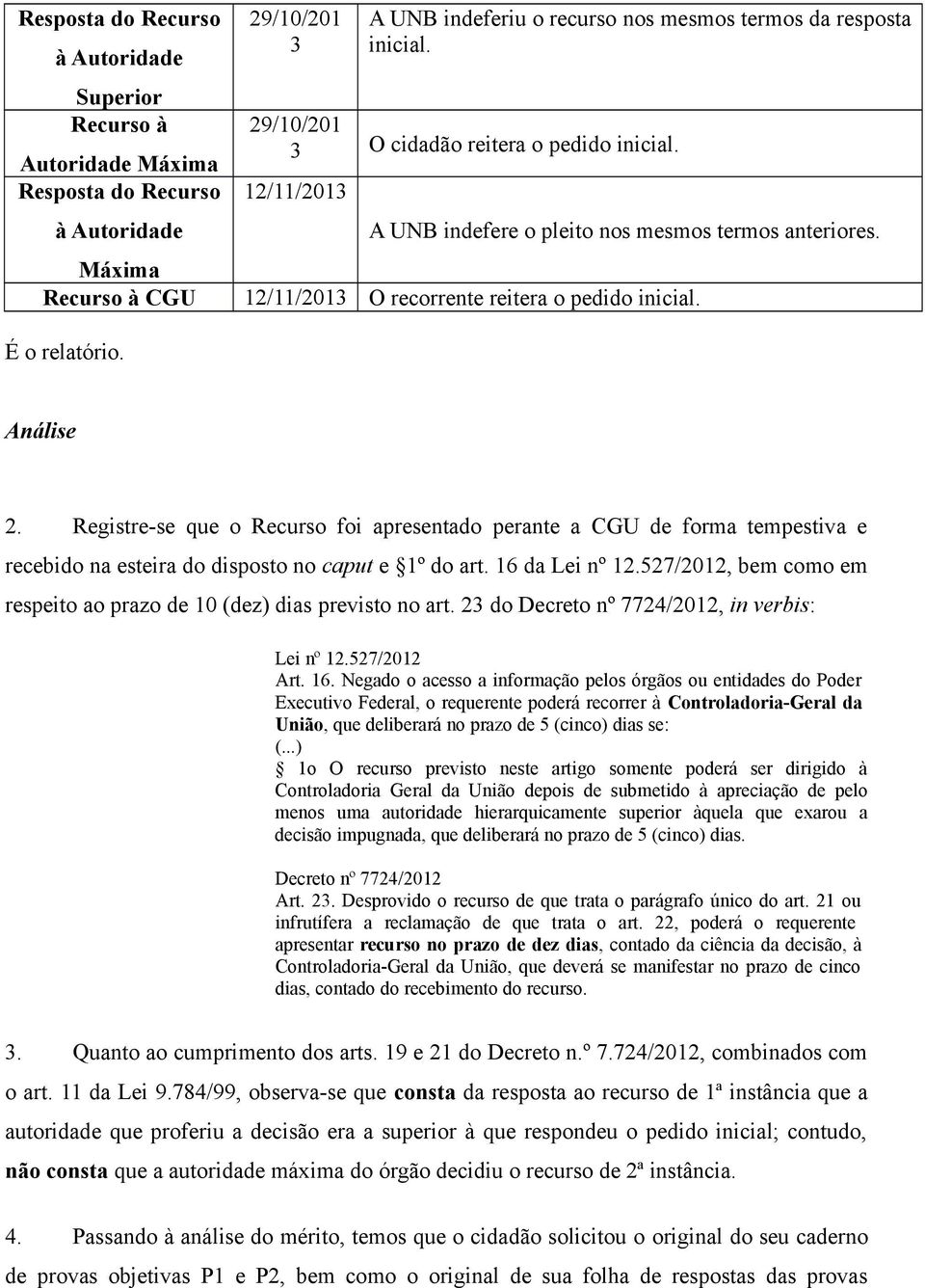 Análise 2. Registre-se que o Recurso foi apresentado perante a CGU de forma tempestiva e recebido na esteira do disposto no caput e 1º do art. 16 da Lei nº 12.