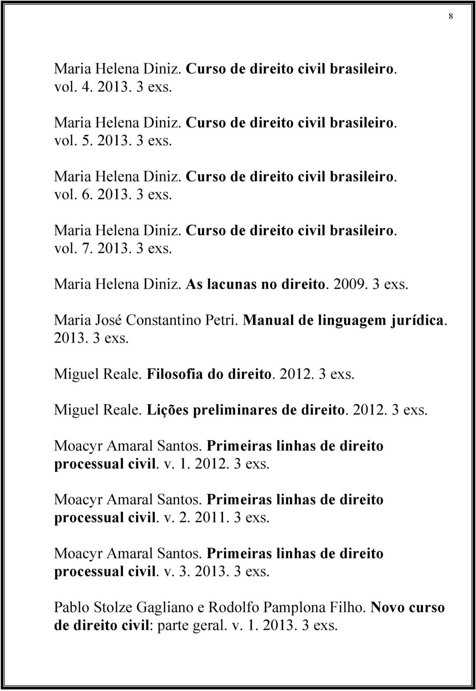 Filosofia do direito. 2012. Miguel Reale. Lições preliminares de direito. 2012. Moacyr Amaral Santos. Primeiras linhas de direito processual civil. v. 1. 2012. Moacyr Amaral Santos. Primeiras linhas de direito processual civil. v. 2. 2011.