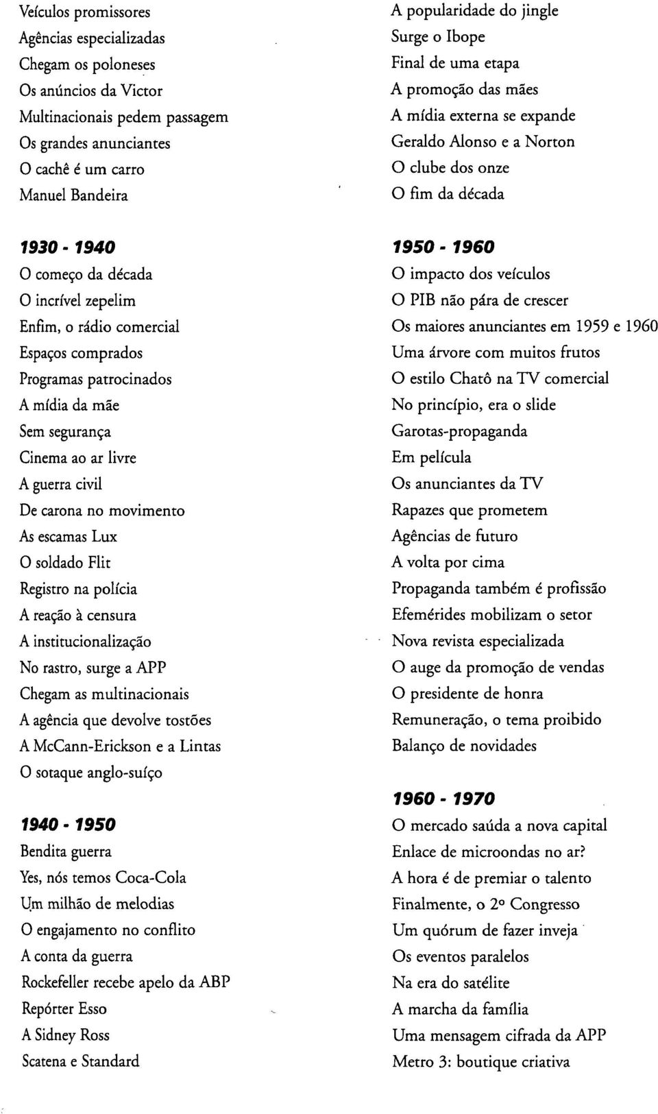 rádio comercial Espaços comprados Programas patrocinados A mídia da mãe Sem segurança Cinema ao ar livre A guerra civil De carona no movimento As escamas Lux O soldado Flit Registro na polícia A