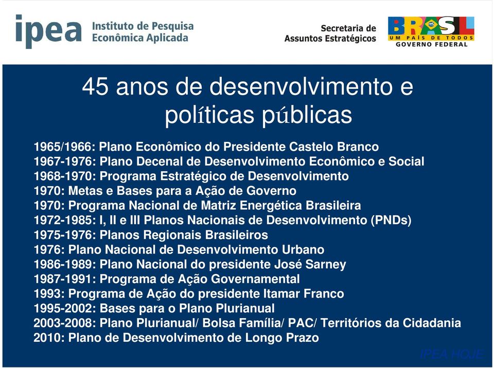 1975-1976: Plans Reginais Brasileirs 1976: Plan Nacinal de Desenvlviment Urban 1986-1989: Plan Nacinal d presidente Jsé Sarney 1987-1991: Prgrama de Açã Gvernamental 1993: Prgrama