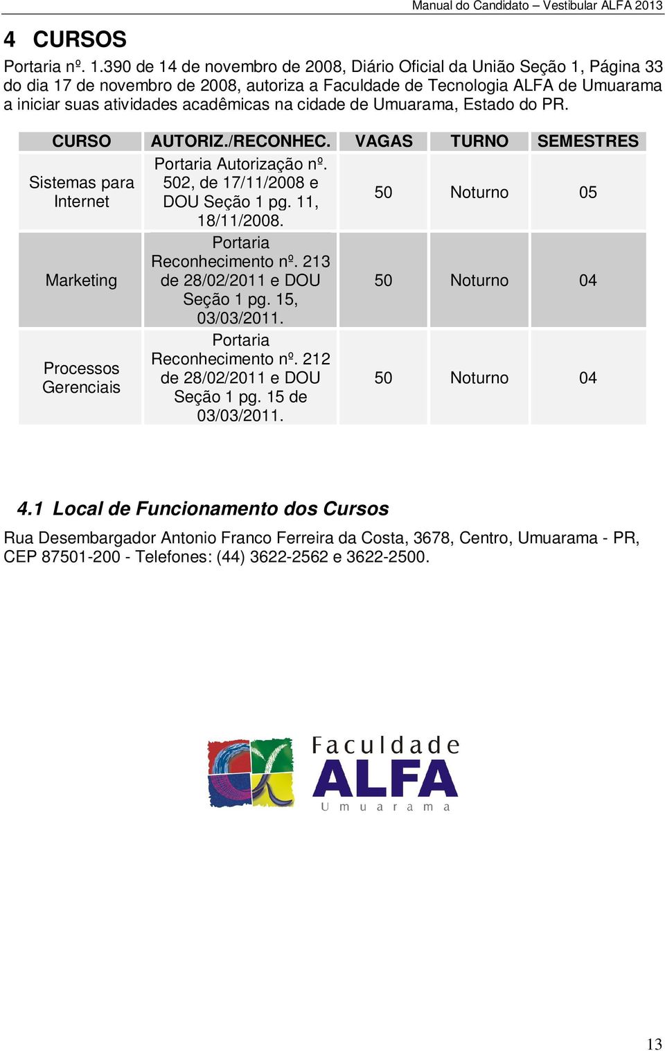 cidade de Umuarama, Estado do PR. CURSO AUTORIZ./RECONHEC. VAGAS TURNO SEMESTRES Portaria Autorização nº. Sistemas para 502, de 17/11/2008 e Internet DOU Seção 1 pg. 11, 50 Noturno 05 18/11/2008.