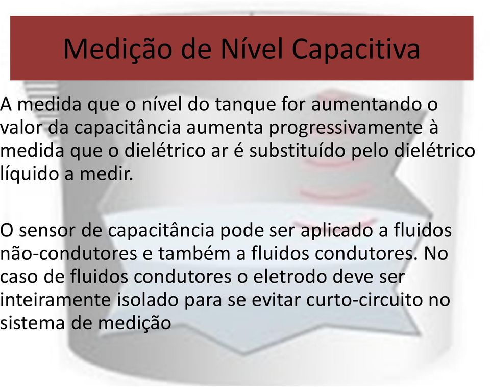 O sensor de capacitância pode ser aplicado a fluidos não-condutores e também a fluidos condutores.