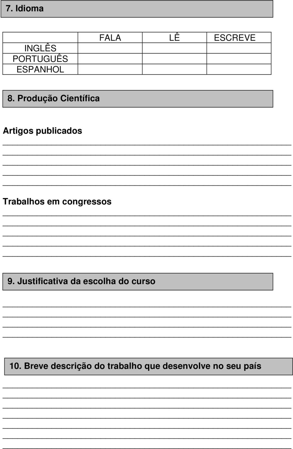 congressos 9. Justificativa da escolha do curso 10.