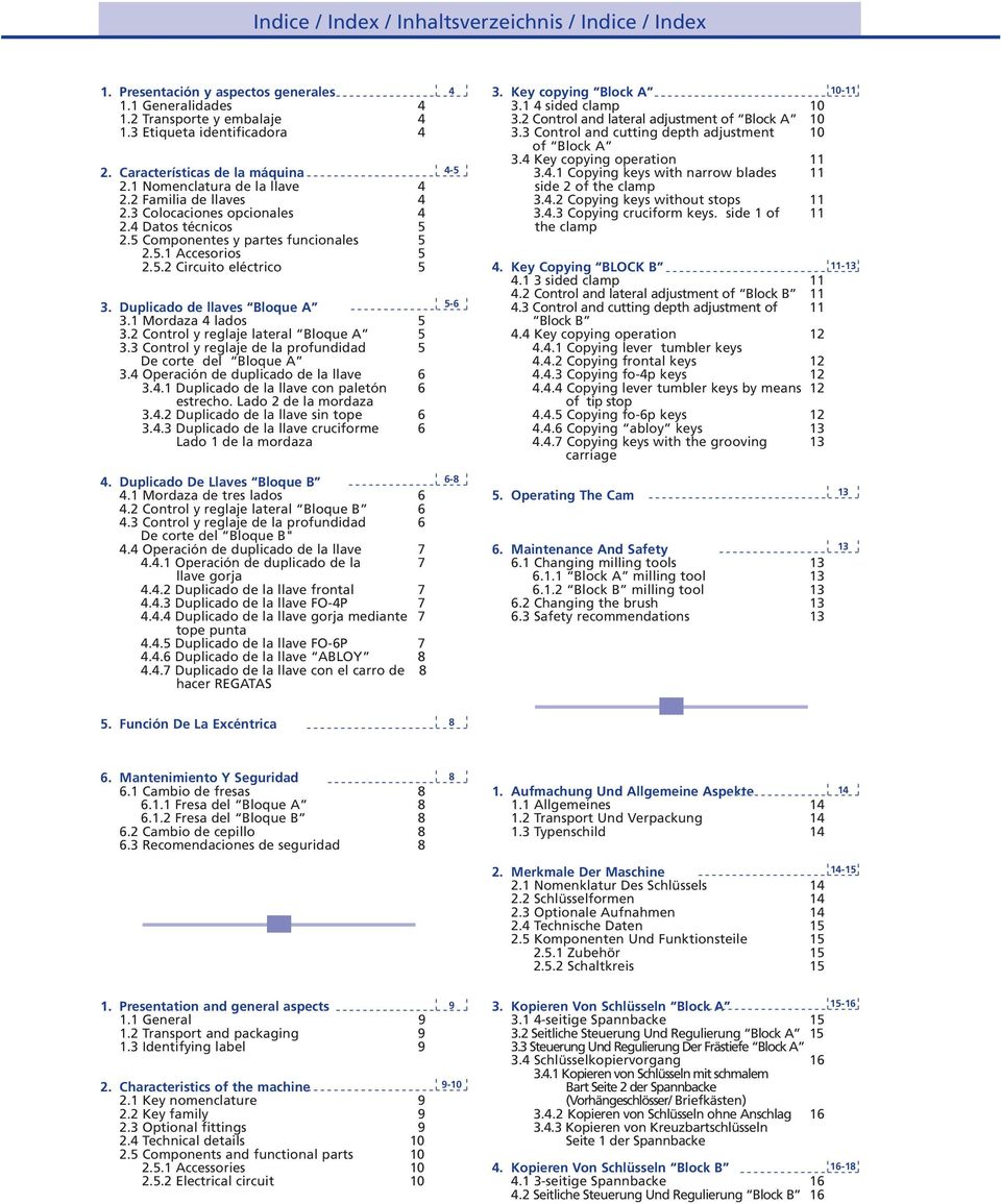 Duplicado de llaves Bloque A 3.1 Mordaza 4 lados 5 3.2 Control y reglaje lateral Bloque A 5 3.3 Control y reglaje de la profundidad 5 De corte del Bloque A 3.4 Operación de duplicado de la llave 6 3.