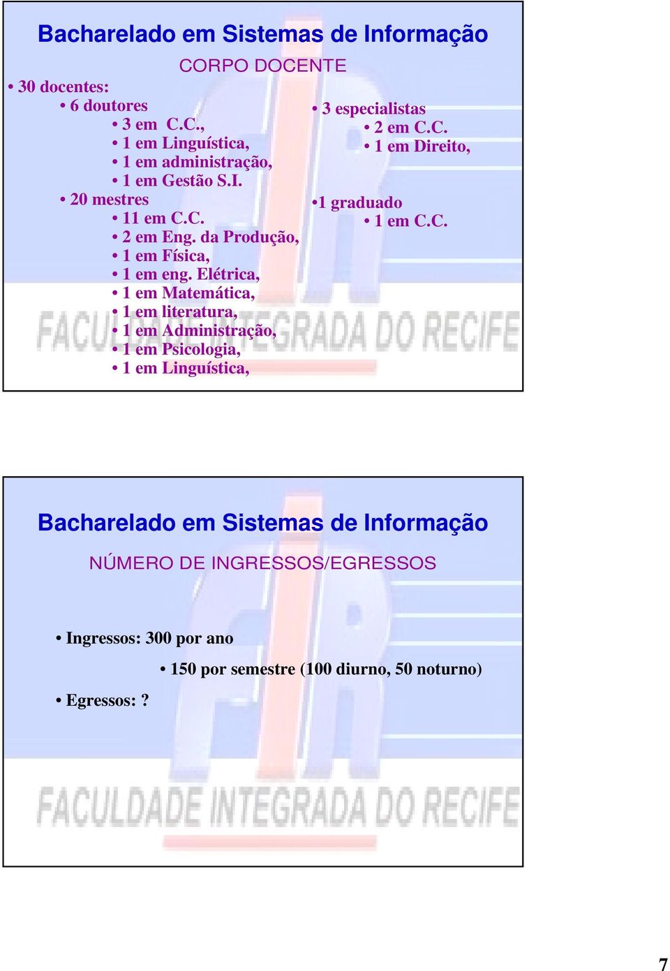 Elétrica, 1 em Matemática, 1 em literatura, 1 em Administração, 1 em Psicologia, 1 em Linguística, 3 especialistas em C.