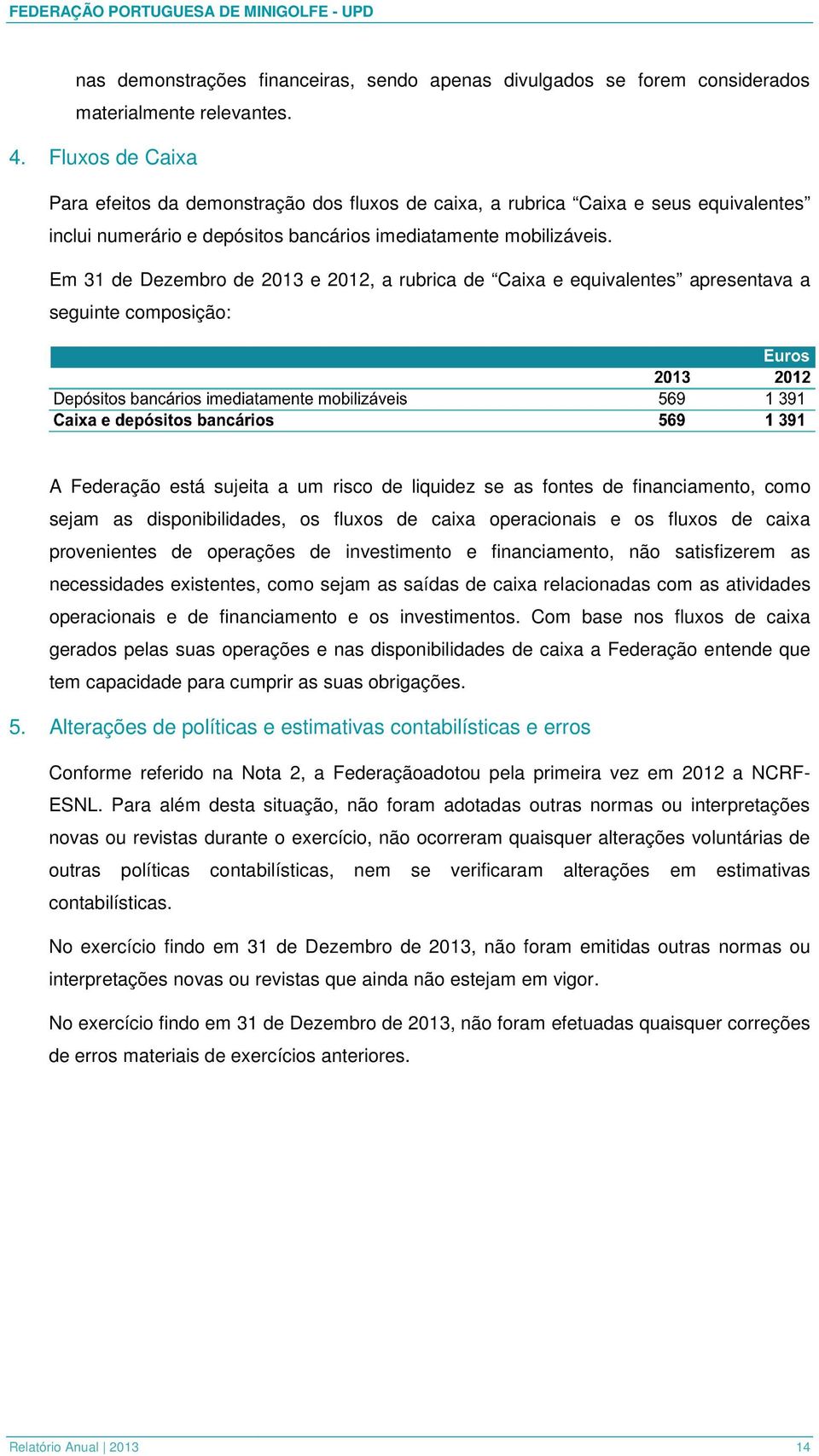 Em 31 de Dezembro de 2013 e 2012, a rubrica de Caixa e equivalentes apresentava a seguinte composição: A Federação está sujeita a um risco de liquidez se as fontes de financiamento, como sejam as