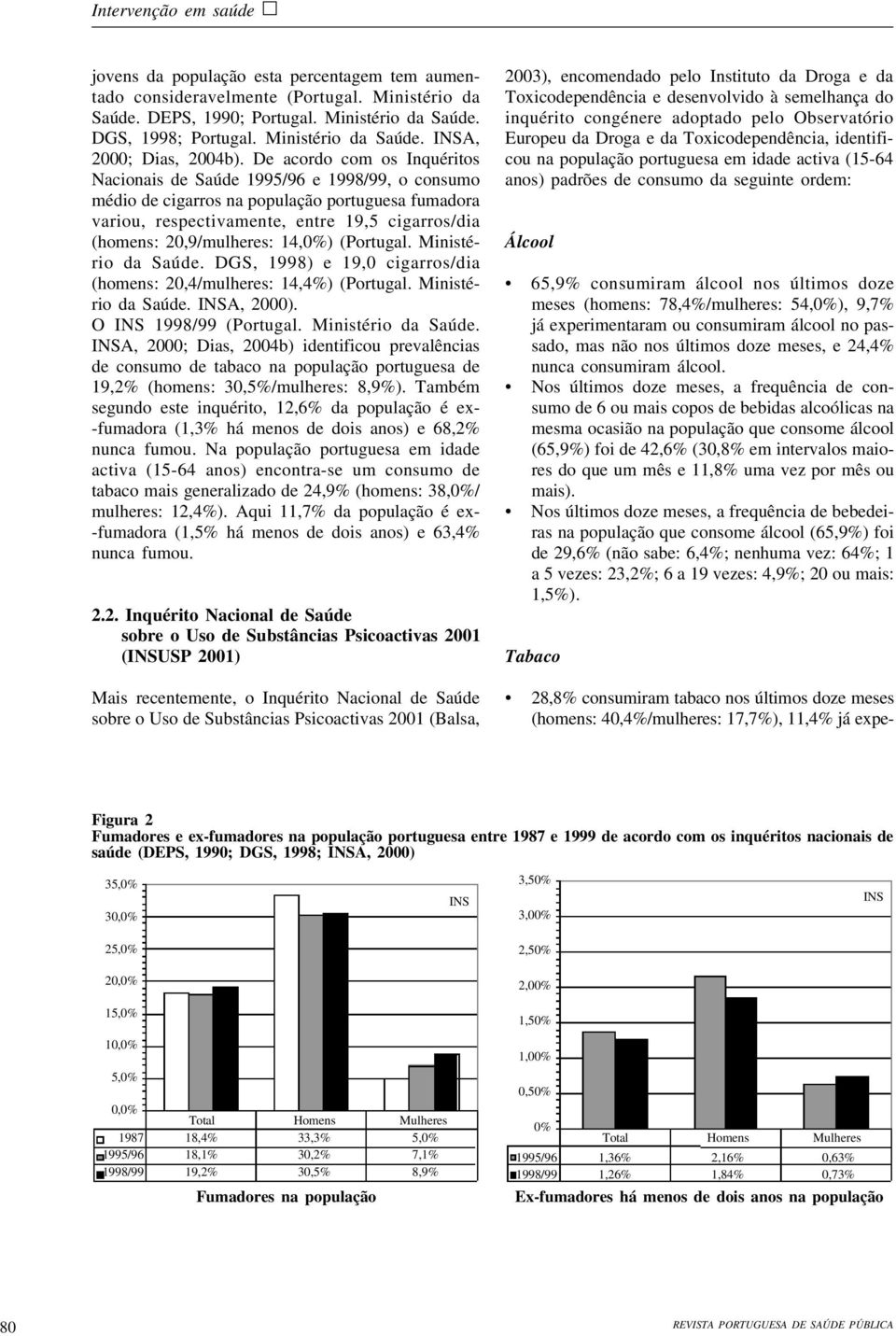 14,0%) (Portugal. Ministério da Saúde. DGS, 1998) e 19,0 cigarros/dia (homens: 20,4/mulheres: 14,4%) (Portugal. Ministério da Saúde. INSA, 2000). O INS 1998/99 (Portugal. Ministério da Saúde. INSA, 2000; Dias, 2004b) identificou prevalências de consumo de tabaco na população portuguesa de 19,2% (homens: 30,5%/mulheres: 8,9%).