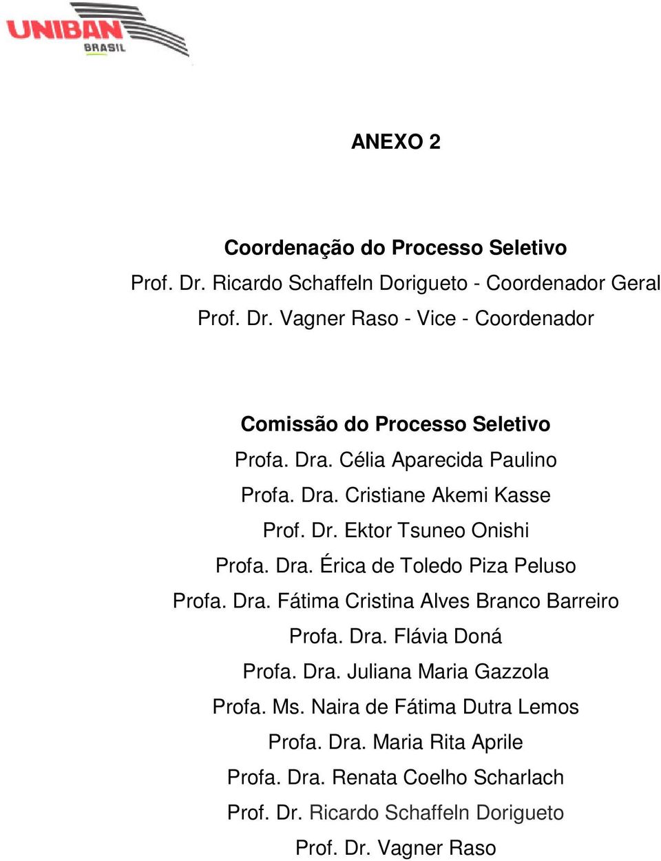 Dra. Flávia Doná Profa. Dra. Juliana Maria Gazzola Profa. Ms. Naira de Fátima Dutra Lemos Profa. Dra. Maria Rita Aprile Profa. Dra. Renata Coelho Scharlach Prof.