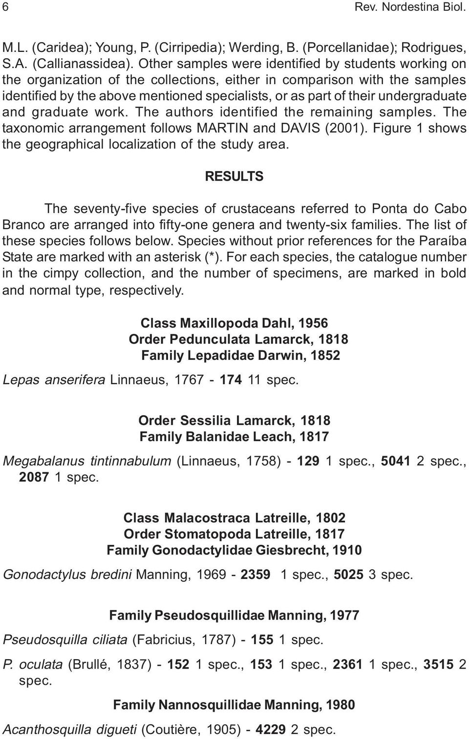 undergraduate and graduate work. The authors identified the remaining samples. The taxonomic arrangement follows MARTIN and DAVIS (2001).
