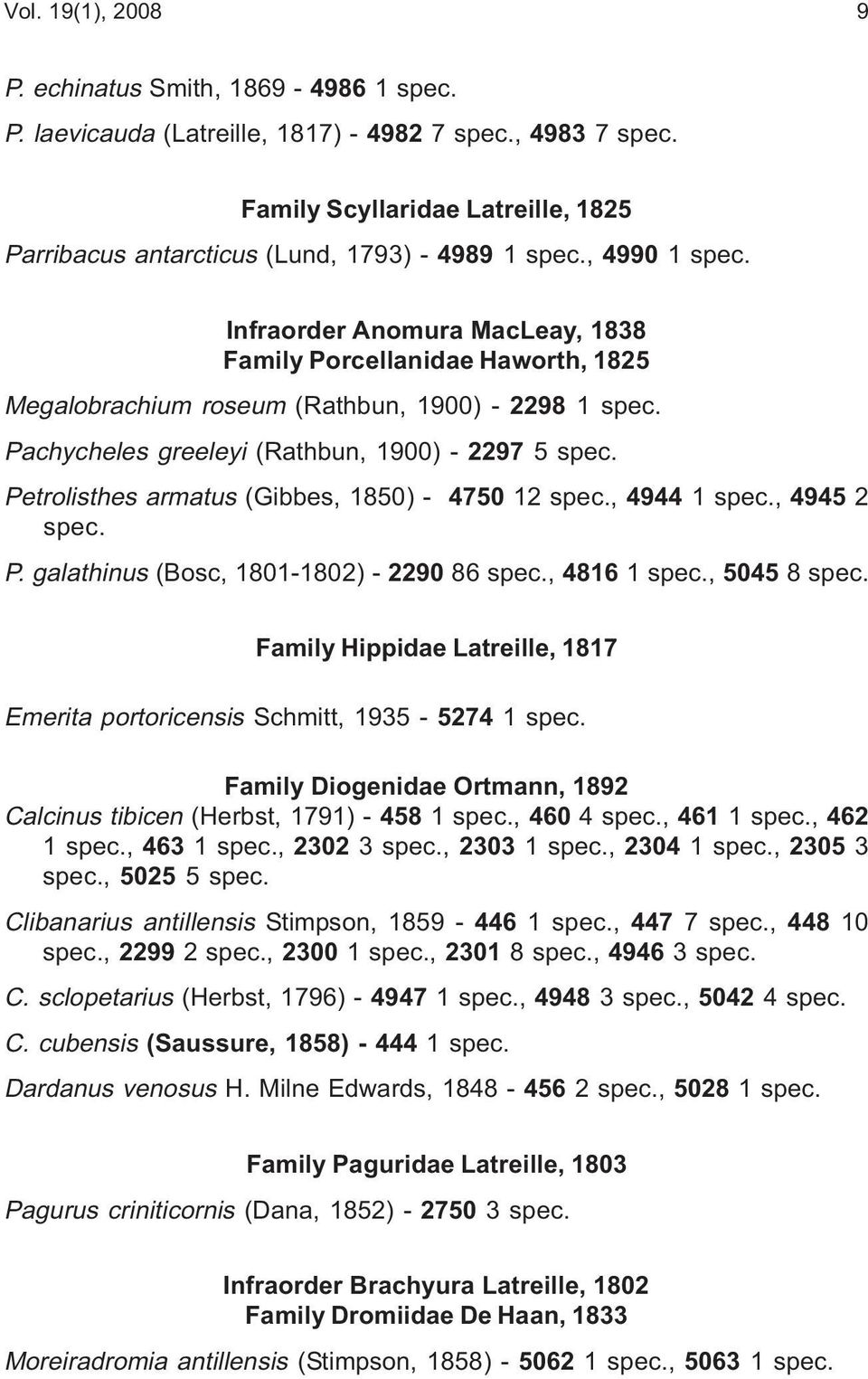 Infraorder Anomura MacLeay, 1838 Family Porcellanidae Haworth, 1825 Megalobrachium roseum (Rathbun, 1900) - 2298 1 spec. Pachycheles greeleyi (Rathbun, 1900) - 2297 5 spec.