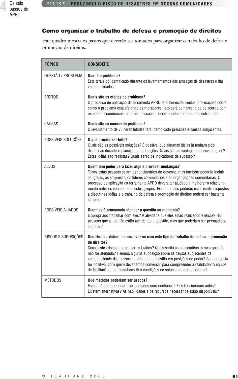 Este terá sido identificado durante os levantamentos das ameaças de desastres e das vulnerabilidades. Quais são os efeitos do problema?