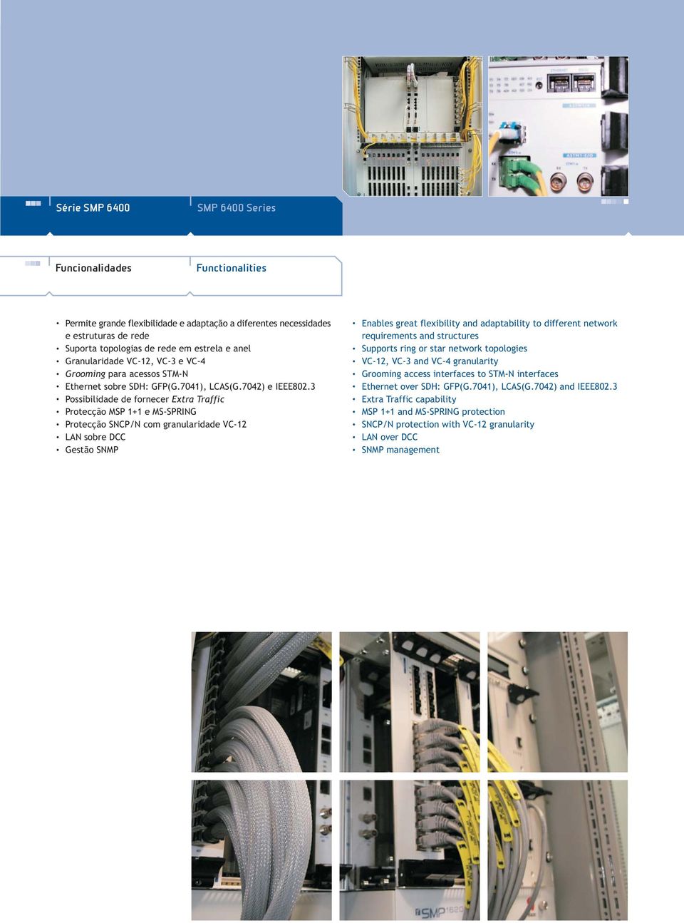 Protecção SNCP/N com granularidade VC-2. LAN sobre DCC. Gestão SNMP. Enables great flexibility and adaptability to different network requirements and structures.