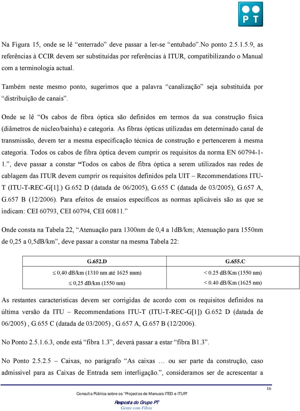 Onde se lê Os cabos de fibra óptica são definidos em termos da sua construção física (diâmetros de núcleo/bainha) e categoria.