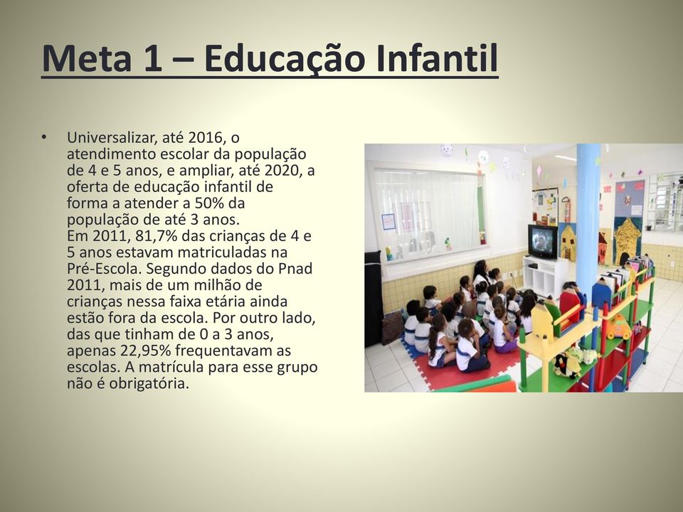 Em 2011, 81,7% das crianças de 4 e 5 anos estavam matriculadas na Pré-Escola.