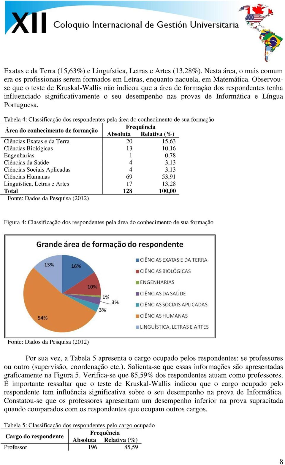 Tabela 4: Classificação dos respondentes pela área do conhecimento de sua formação Área do conhecimento de formação Frequência Absoluta Relativa (%) Ciências Exatas e da Terra 20 15,63 Ciências